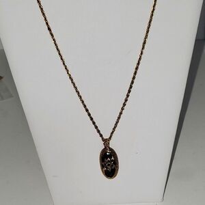 Antiqued Gold Tone Marcasite Flower Oval Pendant Braided Chain